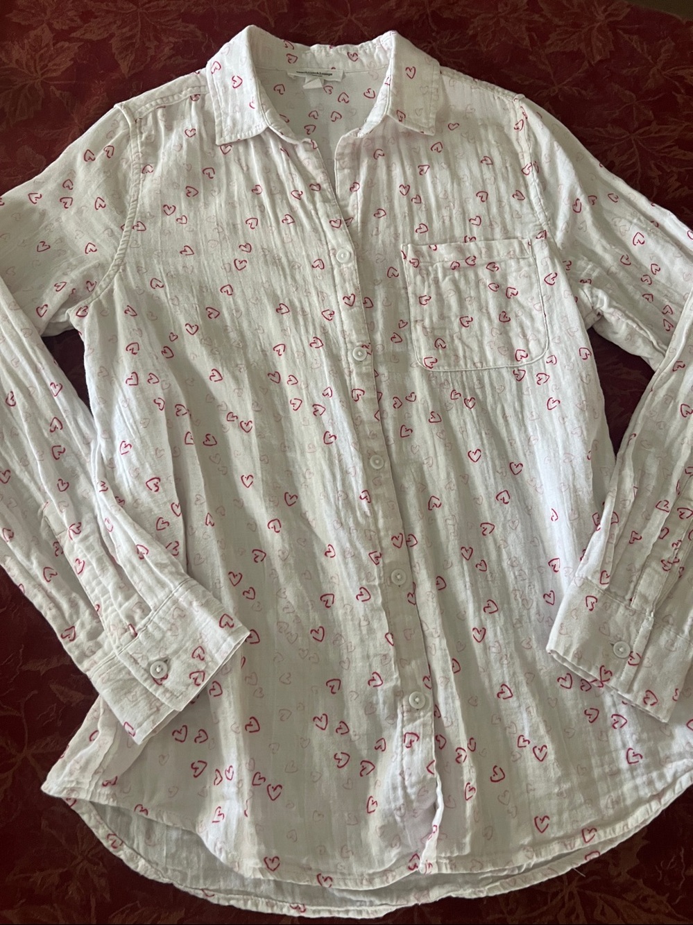 White 100% Cotton Soft Button-Front Button Blouse with Pink Heart Print S